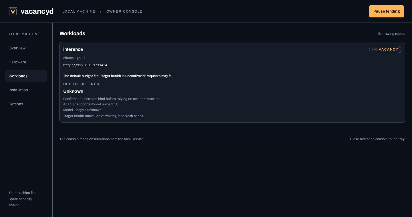 The Vacancyd Workloads view with example routes, resource requirements and owner-policy information.
